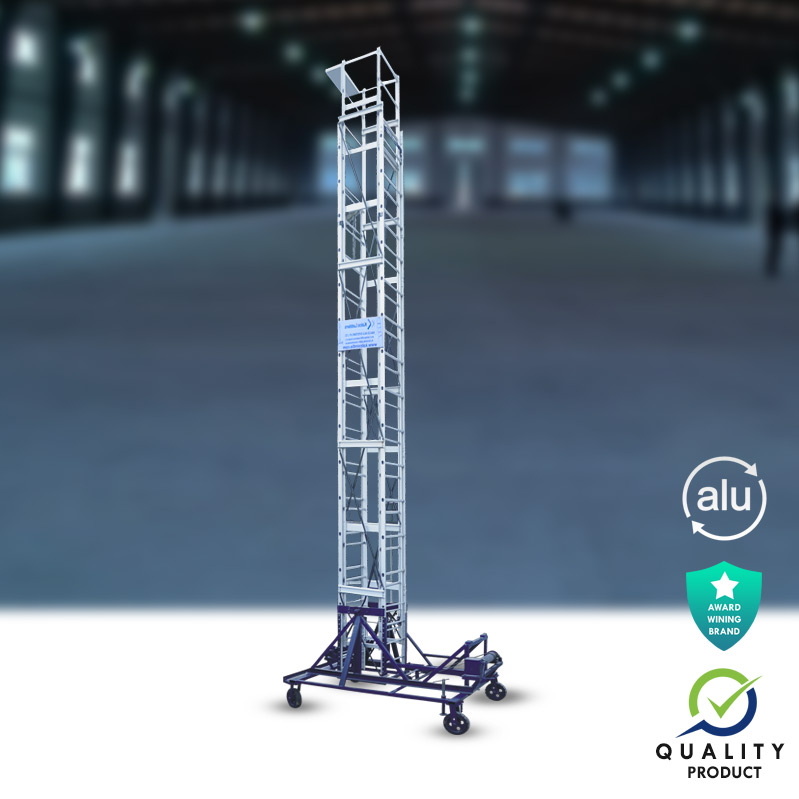 Aluminium Extendable Tower Wheel Ladder (Model: K-7015, Height: 15ft + 15ft, 4ft x 6ft(FS), 5ft(T), Very Heavy)